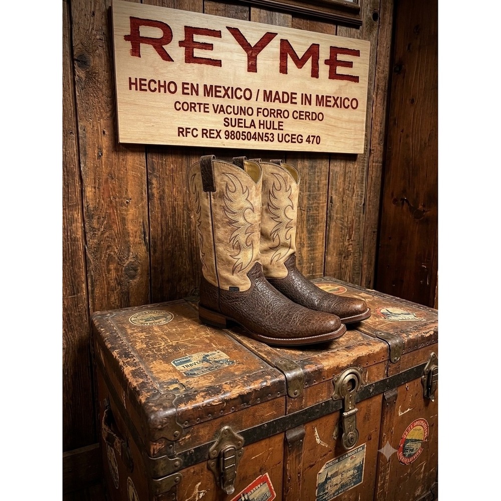 Reyme Mens Brown Bull Neck Leather Western Cowboy Boots Square Toe Mexico‎ 29.5